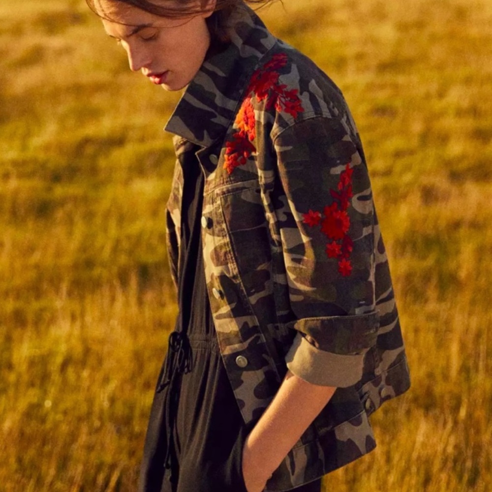 Pilcro and the Letterpress Camo Jacket with Red Floral Embroidery